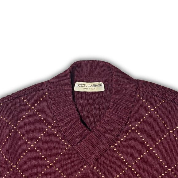 Vintage Dolce & Gabbana Argyle Knit Pullover Jumper Wine Red Wool Large - Picture 4 of 5